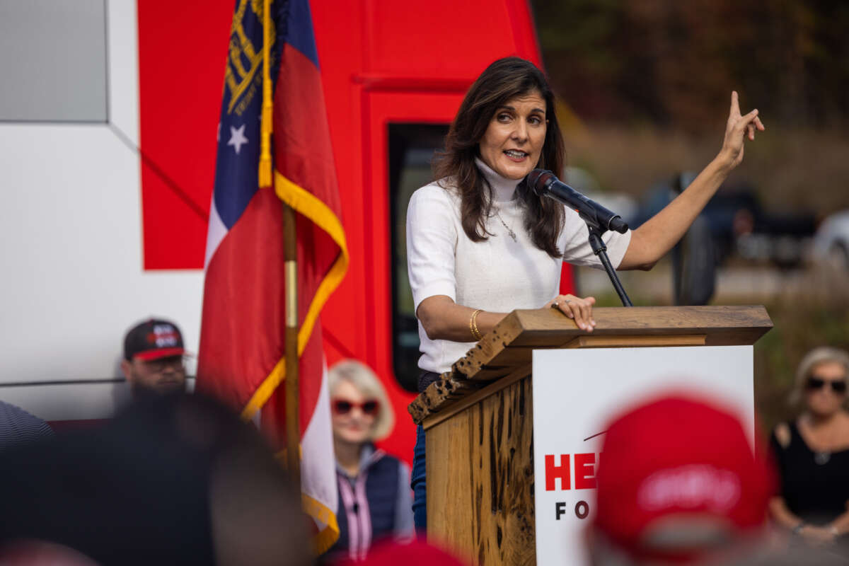 Former UN Ambassador Nikki Haley speaks at a rally for Georgia Senate candidate Herschel Walker in Hiram, Georgia, on November 6, 2022.