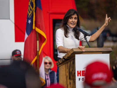 Former UN Ambassador Nikki Haley speaks at a rally for Georgia Senate candidate Herschel Walker in Hiram, Georgia, on November 6, 2022.