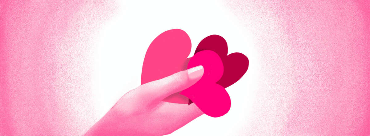 An illustration of a hand holding out multiple heart valentines of different shapes and sizes