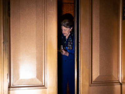 Dianne Feinstein stands in an elevator as the doors close