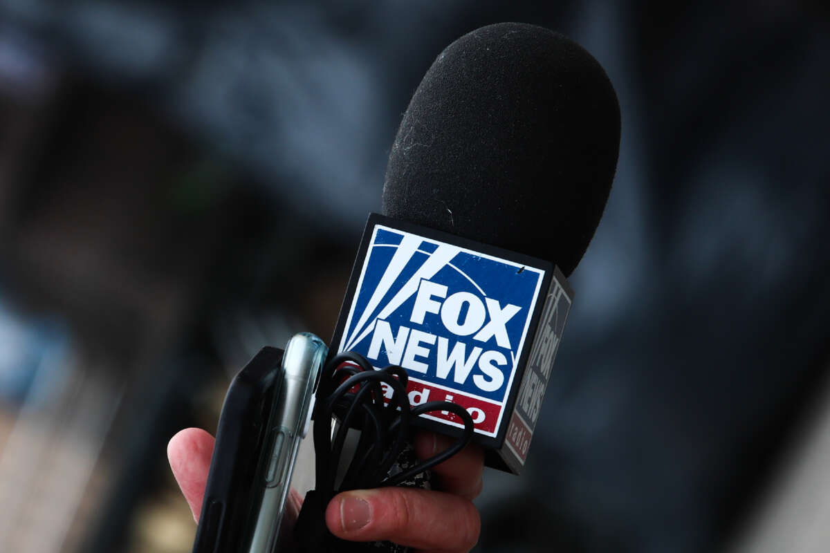 Fox News logo is seen on a reporter's microphone in Przemysl, Poland, on March 5, 2022.