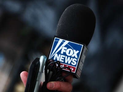 Fox News logo is seen on a reporter's microphone in Przemysl, Poland, on March 5, 2022.