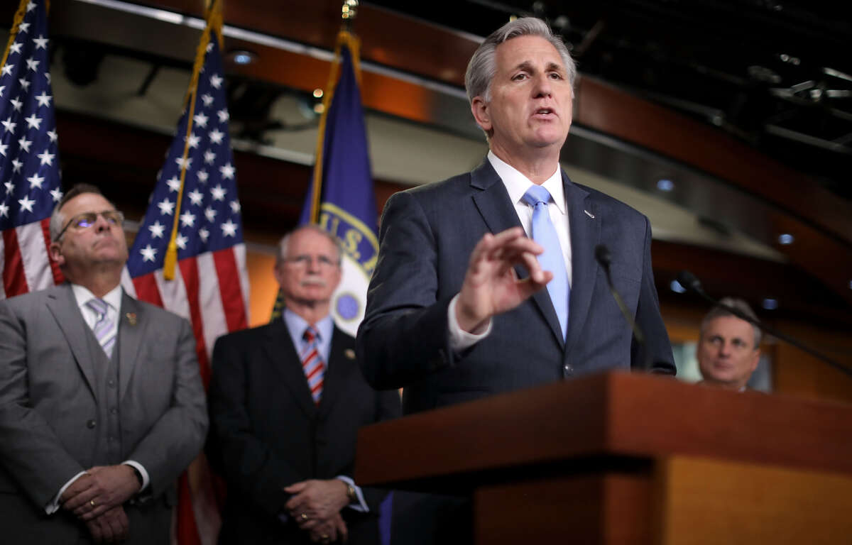 House Majority Leader Kevin McCarthy speaks during a news conference at the U.S. Capitol Visitors Center on March 14, 2018, in Washington, D.C.