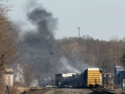 A photo of the burning wreckage of the train derailment in East Palestine, Ohio