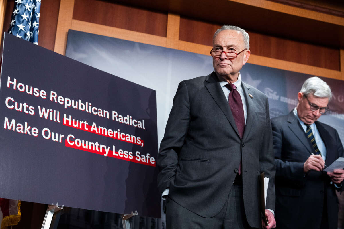 Senate Majority Leader Charles Schumer attends a news conference in the U.S. Capitol on the House Republicans proposed budget cuts as they relate to the debt ceiling, on February 15, 2023.