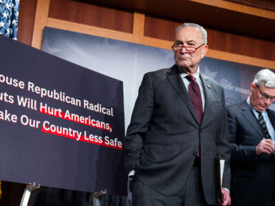 Senate Majority Leader Charles Schumer attends a news conference in the U.S. Capitol on the House Republicans proposed budget cuts as they relate to the debt ceiling, on February 15, 2023.