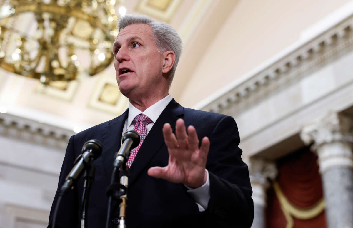 Speaker Kevin McCarthy gives remarks at a news conference in Statuary Hall of the U.S. Capitol Building on February 2, 2023, in Washington, D.C.