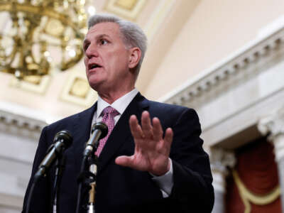 Speaker Kevin McCarthy gives remarks at a news conference in Statuary Hall of the U.S. Capitol Building on February 2, 2023, in Washington, D.C.