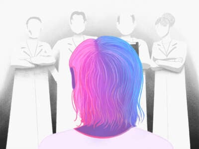 An illustration of a child, shaded in the colors of the trans flag, staring at a row of desaturated doctors in lab coats