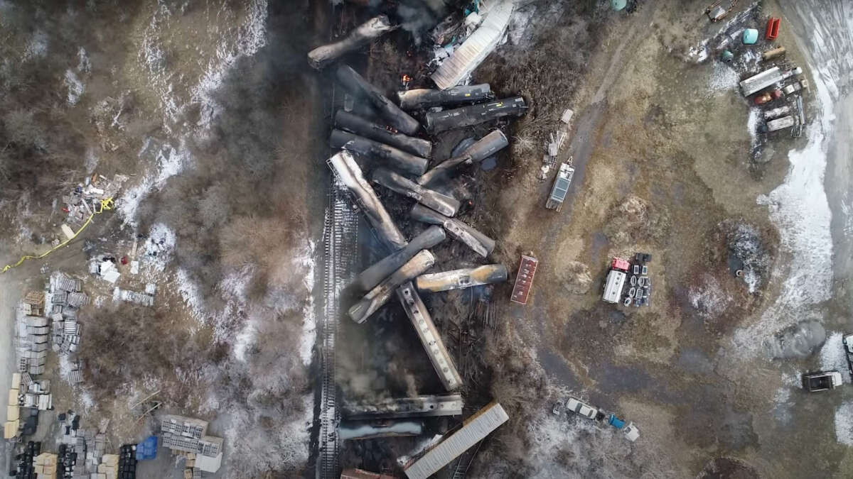 This video screenshot released by the U.S. National Transportation Safety Board (NTSB) shows the site of a derailed freight train in East Palestine, Ohio.