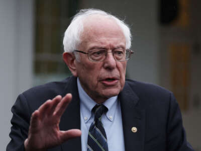 Sen. Bernie Sanders speaks to members of the press outside the West Wing of the White House on January 25, 2023, in Washington, D.C.