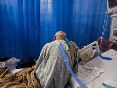 A patient in a hospital gown sits upright in a hospital bed, his back toward the viewer