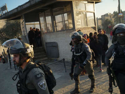 Israeli forces detains 7 Palestinians, 5 of which are children at the Damascus Gate in Jerusalem on February 18, 2023.