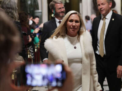 Rep. Marjorie Taylor Greene walks through the Statuary Hall of the U.S. Capitol prior to President Joe Biden’s State of the Union address at a joint meeting of Congress in the House Chamber of the U.S. Capitol on February 7, 2023, in Washington, D.C.