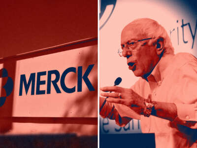 Merck company logo is seen on a sign on the left with Sen. Bernie Sanders on the right, graphic in blues and reds