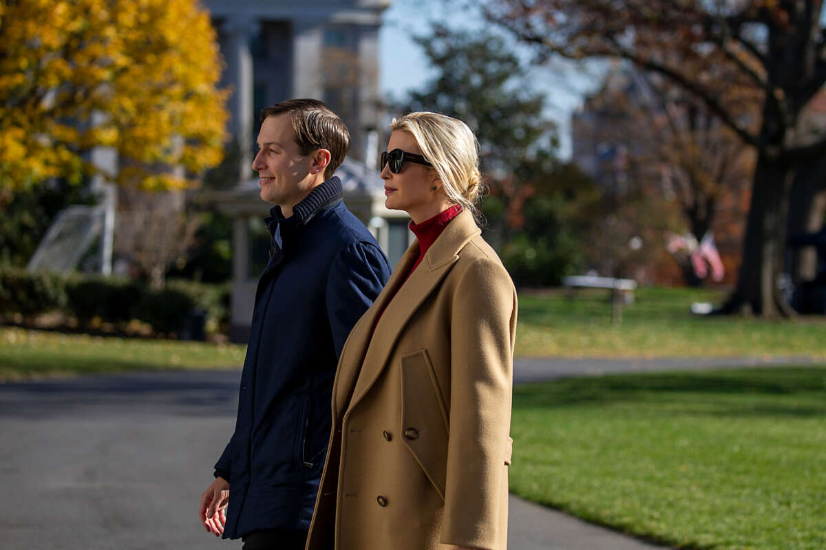 Senior Advisors to the President Jared Kushner and Ivanka Trump walk on the south lawn of the White House on November 29, 2020, in Washington, D.C.