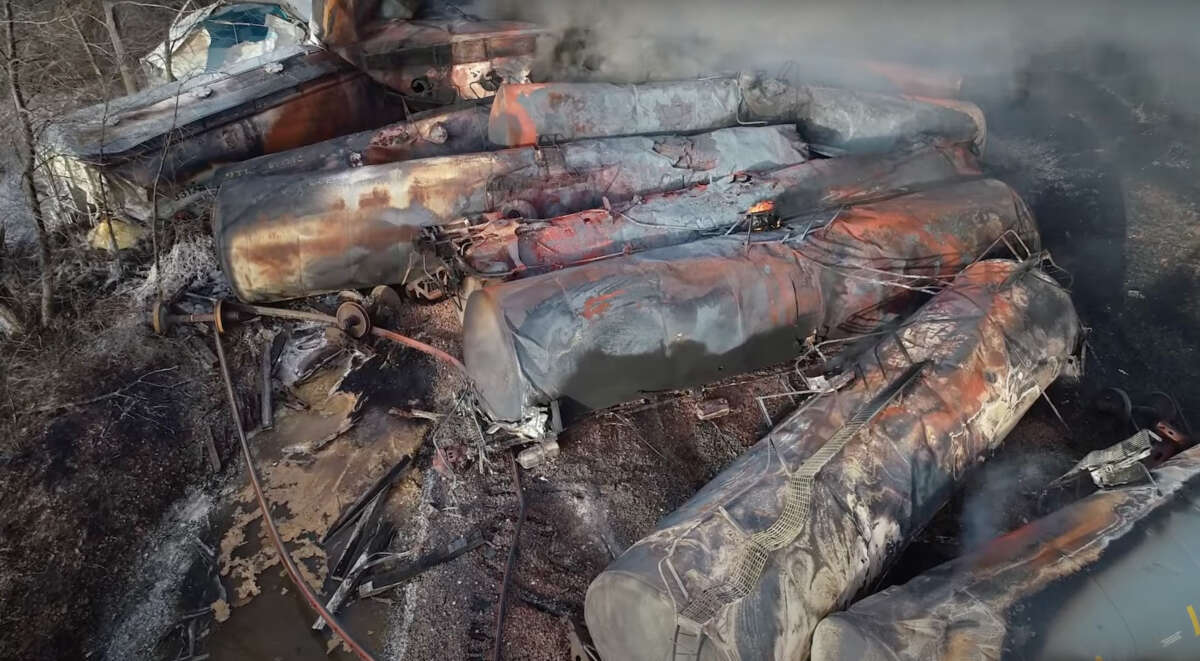 This video screenshot released by the U.S. National Transportation Safety Board shows the site of a derailed freight train in East Palestine, Ohio.