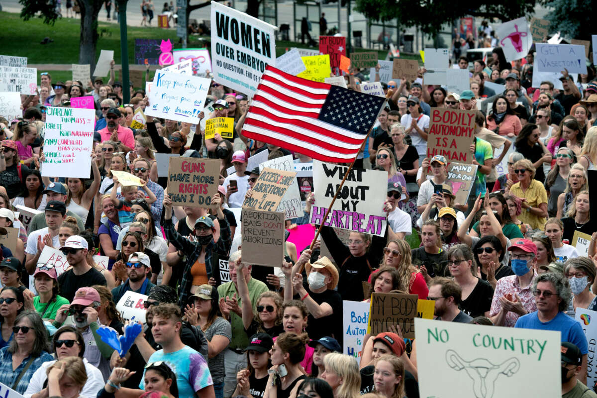 Abortion rights activists protest in front of the Colorado State Capitol in Denver, Colorado, on June 27, 2022.