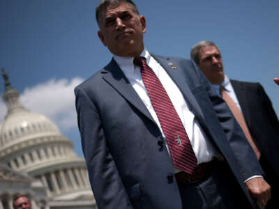 Rep. Andrew Clyde listens to a question from a reporter during a press conference outside the U.S. Capitol on June 14, 2021, in Washington, D.C.