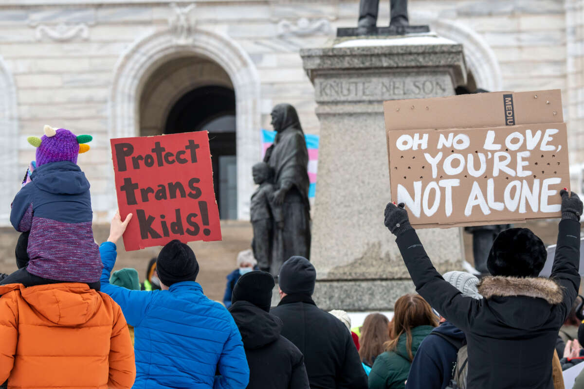 People rally in support of transgender kids in St. Paul, Minnesota, on March 6, 2022.