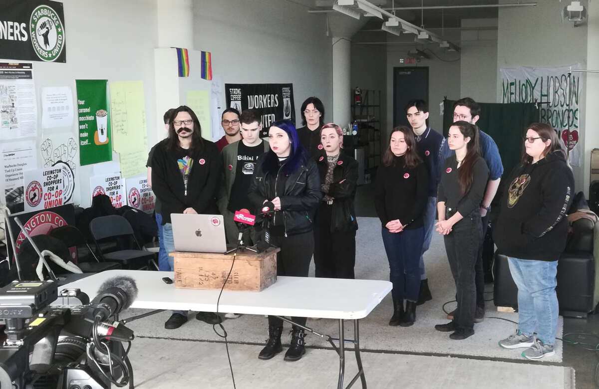 Tesla worker Lizzie McKimmie speaks at the Tesla Workers United press conference in Buffalo, New York on February 18, 2023.