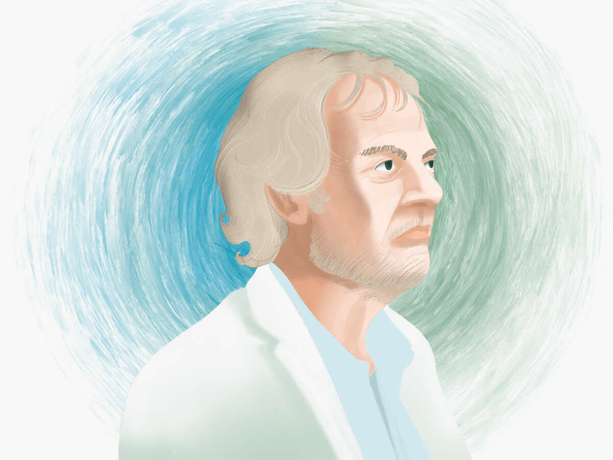 An illustrated portrait of economist Robert Pollin, his face set in front of a swirling blue and green orb