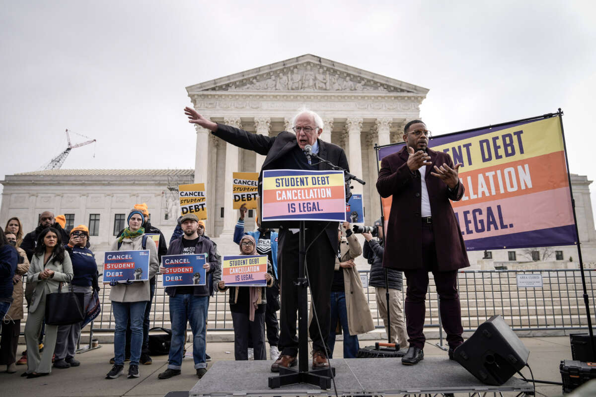 Sen. Bernie Sanders speaks during a rally in support of the Biden administration's student debt relief plan in front of the U.S. Supreme Court on February 28, 2023, in Washington, D.C.