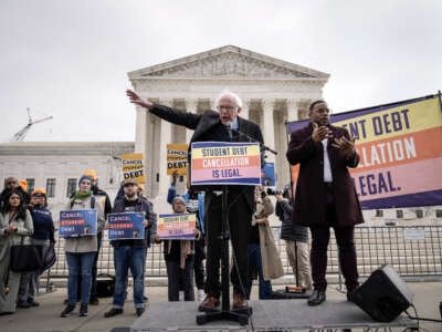 Sen. Bernie Sanders speaks during a rally in support of the Biden administration's student debt relief plan in front of the U.S. Supreme Court on February 28, 2023, in Washington, D.C.
