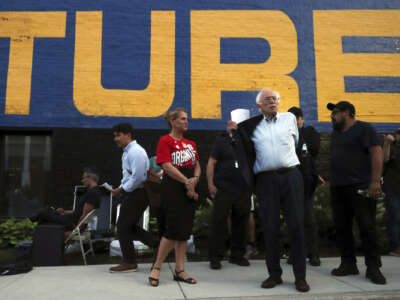 Sen. Bernie Sanders arrives to speak at a pro-union rally at Teamsters Local 705, on June 16, 2022, in Chicago.