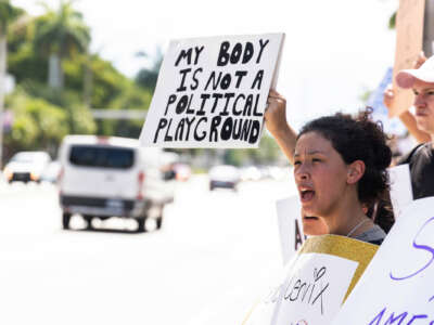 A person holds a sign reading "MY BODY IS NOT A POLITICAL PLAYGROUND" during a roadside protest