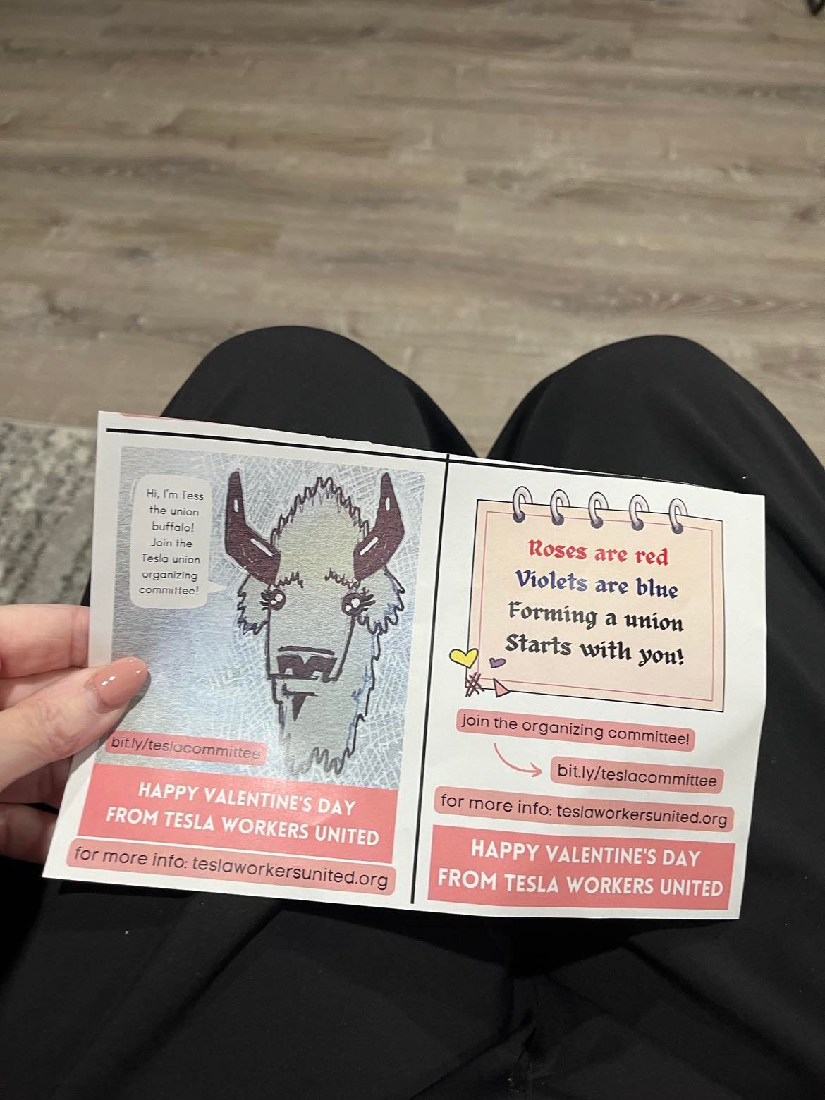 Tesla Workers United and their supporters distributed copies of this flyer at the Buffalo Tesla plant on Valentine’s Day.