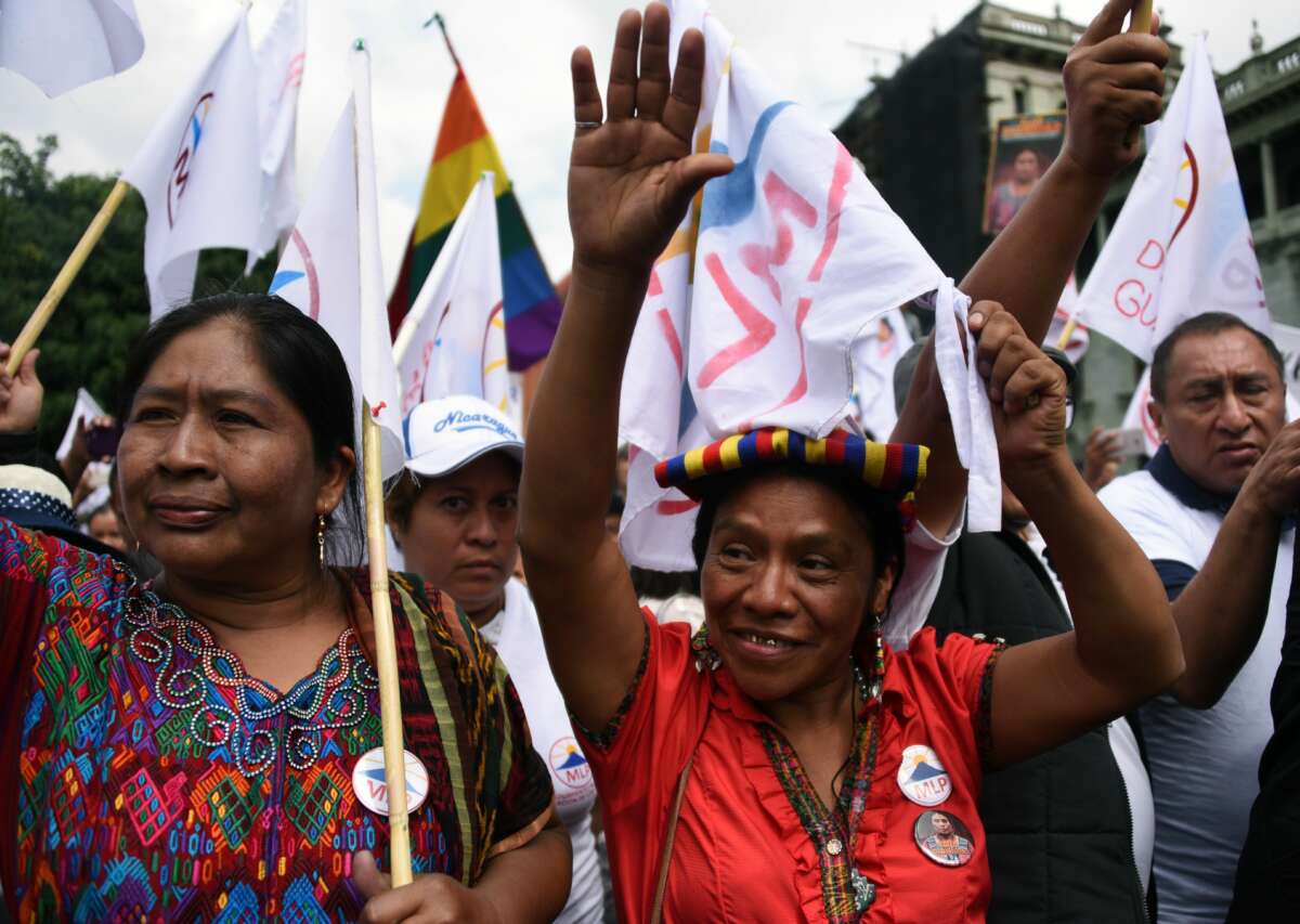 Guatemalan candidate for the Movimiento para la Liberación de los Pueblos party Thelma Cabrera greets supporters during a campaign closing rally at Plaza de la Constitución in Guatemala City on June 8, 2019.