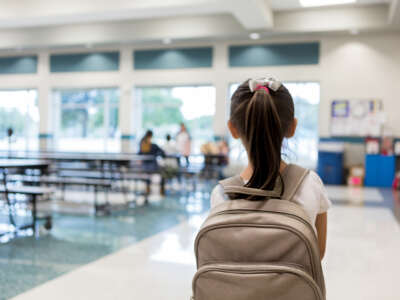 Elementary schoolgirl enters the school cafeteria.