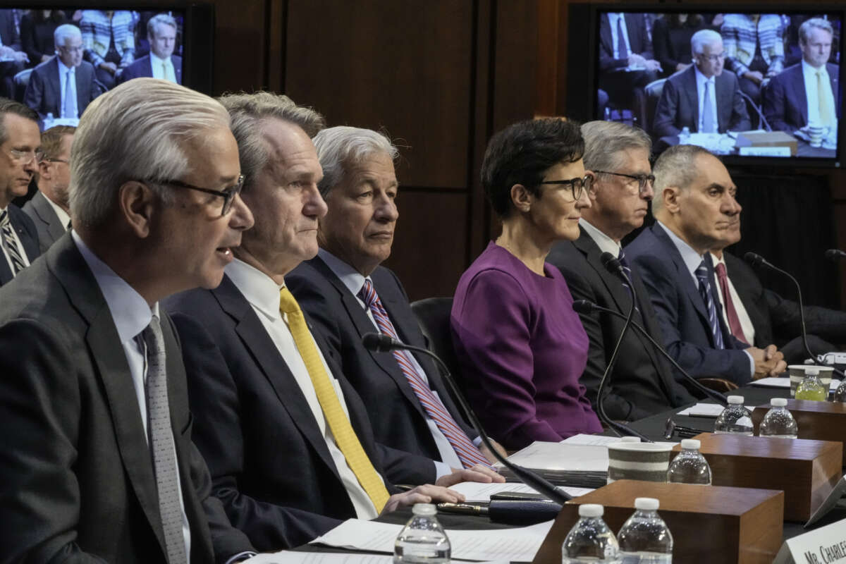 (L-R) Wells Fargo CEO Charles Scharf, Bank of America CEO Brian Thomas Moynihan, JPMorgan Chase & Co CEO Jamie Dimon, Citigroup CEO Jane Fraser, Truist Financial Corporation CEO William Rogers, and U.S. Bancorp CEO Andy Cecere testify during a Senate Banking, Housing, and Urban Affairs Committee hearing on Capitol Hill in Washington, D.C., on September 22, 2022.