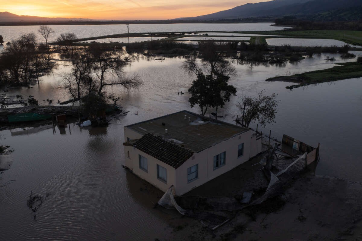 In an aerial view, flooding continues to cover much of the Salinas Valley after a series of powerful storms caused the overflow of the Salinas River on January 18, 2022 near Chualar, California.