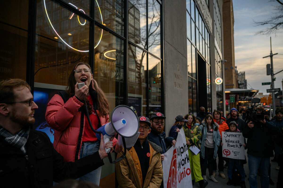 Members of the Alphabet Workers Union (CWA) hold a rally outside the Google office in response to recent layoffs, in New York on February 2, 2023.