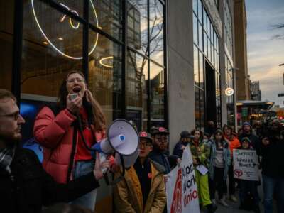 Members of the Alphabet Workers Union (CWA) hold a rally outside the Google office in response to recent layoffs, in New York on February 2, 2023.