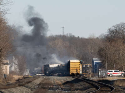 Smoke rises from a derailed cargo train in East Palestine, Ohio, on February 4, 2023.