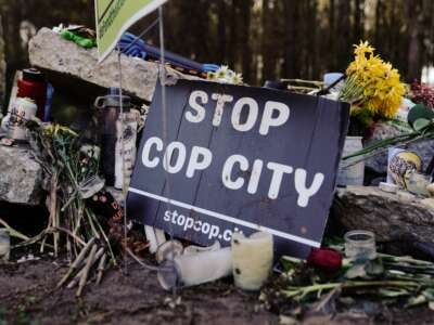 A makeshift memorial for environmental activist Manuel Terán, who was fatally shot by law enforcement during a raid to clear the construction site of a police training facility that activists have dubbed "Cop City" near Atlanta, Georgia, on February 6, 2023.