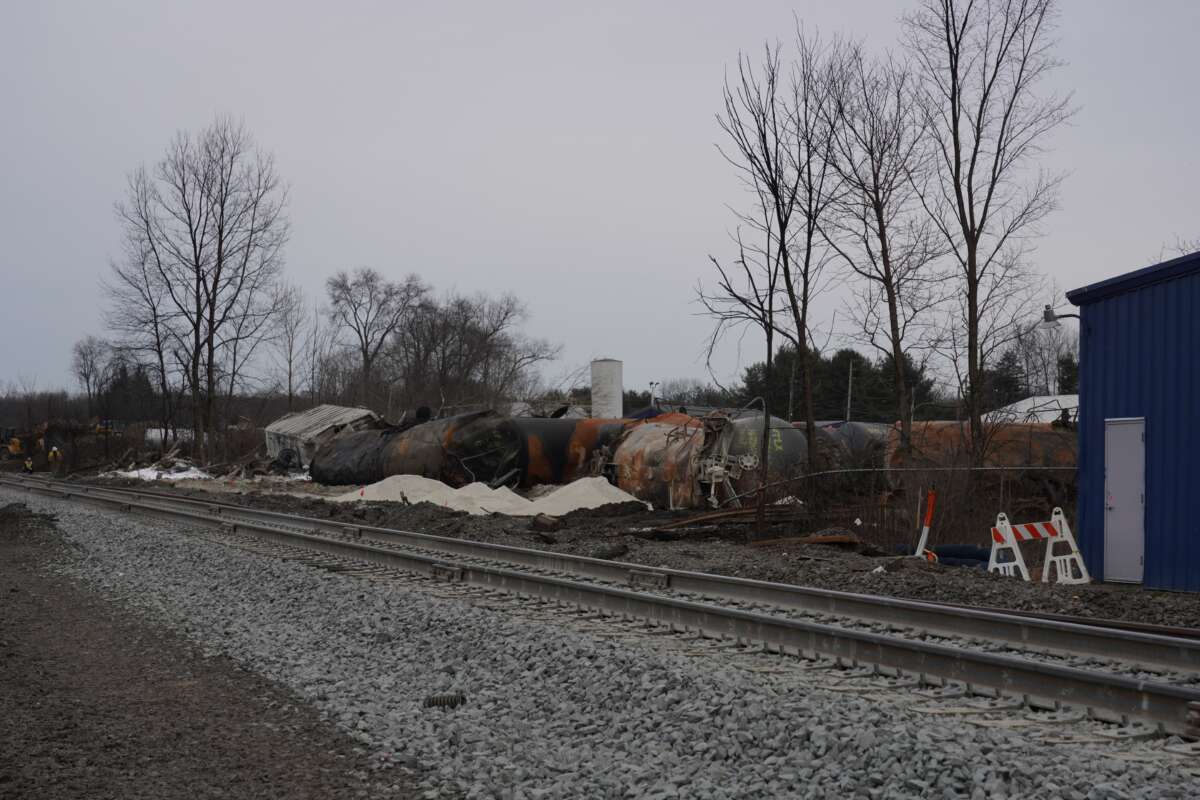 Train wreckage from the February 3 derailment is seen piled up beside the railway on the outskirts of the village of East Palestine, Ohio, the United States, on February 14, 2023.