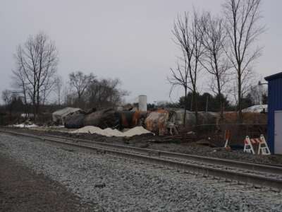 Train wreckage from the February 3 derailment is seen piled up beside the railway on the outskirts of the village of East Palestine, Ohio, the United States, on February 14, 2023.