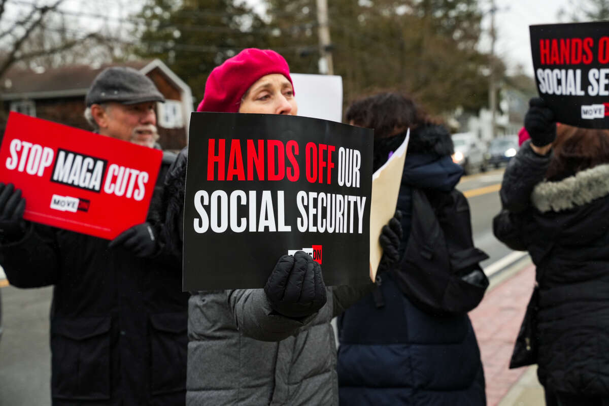 Dennis Dunne and Aileen Kirshoff attend a rally against cuts to social security on February 23, 2023 in Huntington, New York.