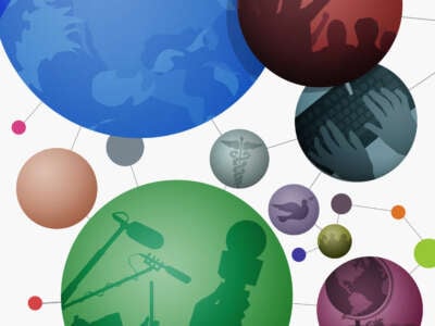 An illustration of interconnected spheres each containing an image representing various topics such as health, media, journalism and the environment.