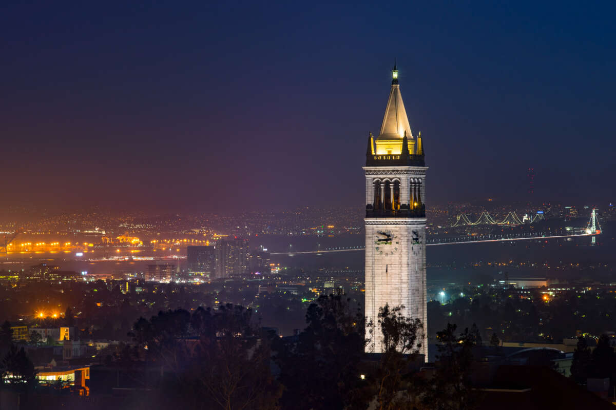 UC Berkeley Campanile Clock Tower and Bay Bridge at Dusk