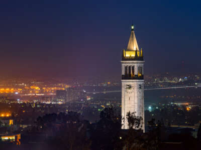 UC Berkeley Campanile Clock Tower and Bay Bridge at Dusk