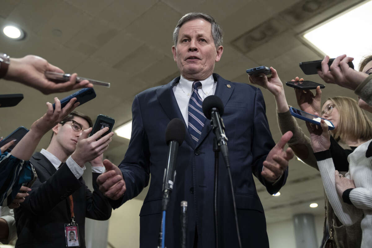 Sen. Steve Daines, the head of the National Republican Senatorial Committee, speaks to reporters on February 9, 2023 in Washington, D.C.