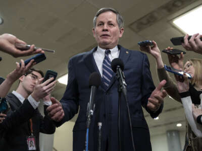 Sen. Steve Daines, the head of the National Republican Senatorial Committee, speaks to reporters on February 9, 2023 in Washington, D.C.