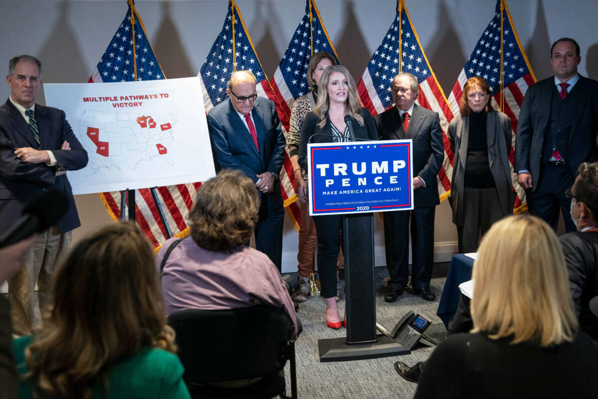 Jenna Ellis, a legal advisor to then-President Donald Trump and former Thomas More Society attorney, speaks during a news conference with Rudy Giuliani about lawsuits contesting the results of the presidential election at the Republican National Committee headquarters in Washington, D.C., on November 19, 2020.