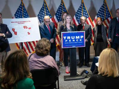 Jenna Ellis, a legal advisor to then-President Donald Trump and former Thomas More Society attorney, speaks during a news conference with Rudy Giuliani about lawsuits contesting the results of the presidential election at the Republican National Committee headquarters in Washington, D.C., on November 19, 2020.