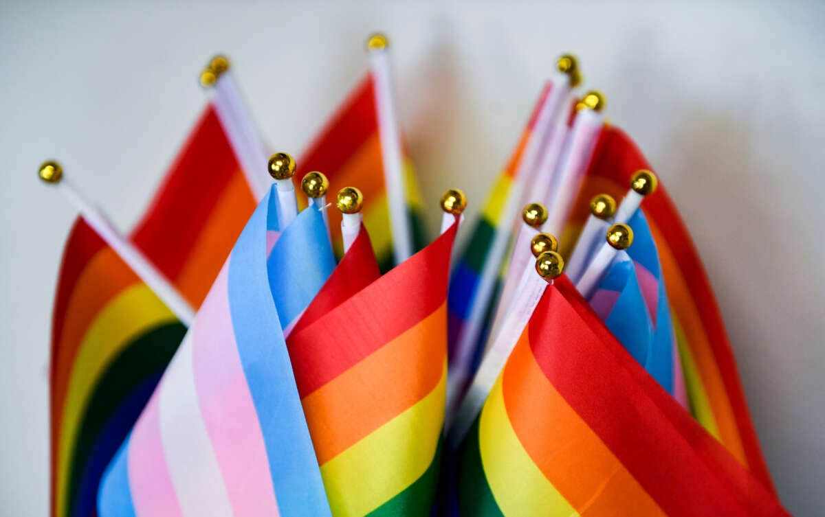 A detail photo of a collection of small Pride flags at the LGBT Center of Greater Reading in Reading, Pennsylvania, on April 6, 2021.